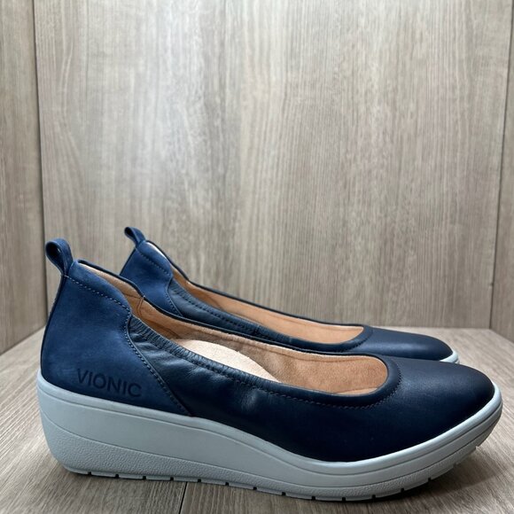 Vionic Jacey Slip-On Wedge Shoes Size 6.5 Arch Support Comfort Leather Navy Blue - Picture 1 of 11